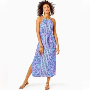 Lilly Pulitzer Bingham Halter Midi Dress Soleil Pink Palm Paradise Medium
